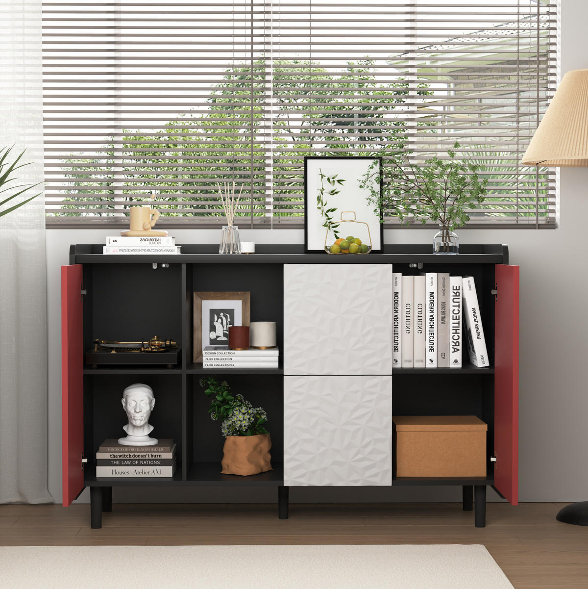 SIDEBOARD 40/120/80 cm schwarz/rot aus MDF mit 2 Schubladen - Schwarz, Holzwerkstoff (120/80/40cm) - OKWISH