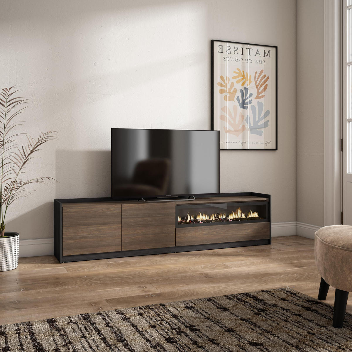 TV-SCHRANK, Lowboard, Dunkler Eiche und Schwarz, Elektrokamin, 207/37/50cm - Dunkelbraun, Holzwerkstoff (207/50/37cm) - Skraut Home