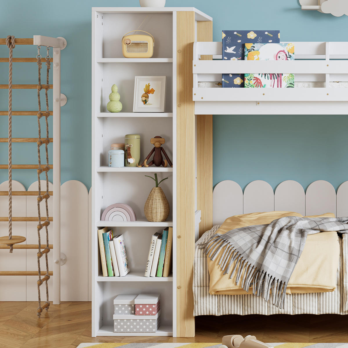 ETAGENBETT 90/200 cm in Weiß/Natur mit Kleiderschrank und 6 Regalen - Weiß, Holzwerkstoff (90/200cm) - Flora Grace