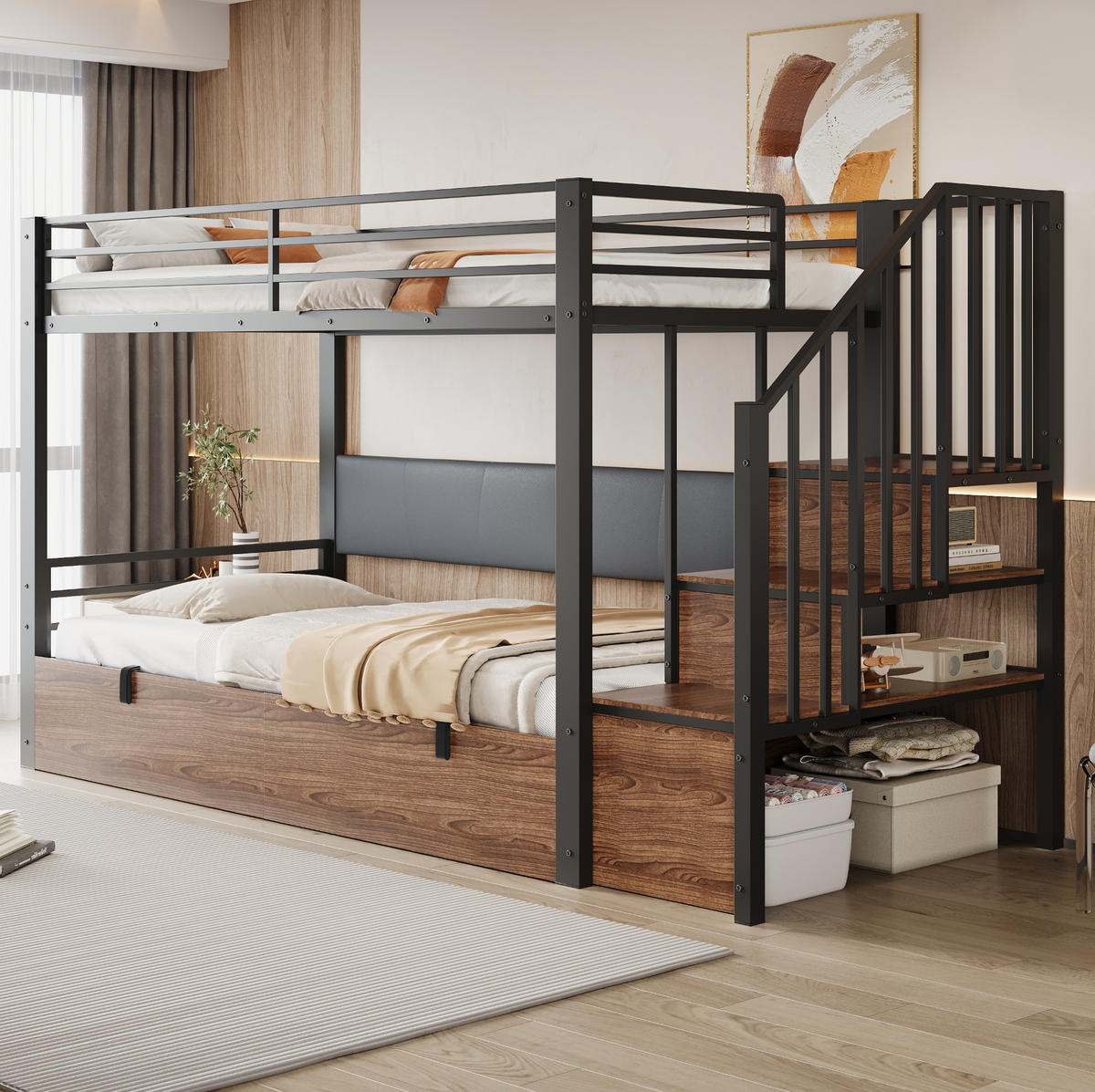 PATROVÁ postel 90/200 cm černá z kovu a MDF s úložným prostorem - černá, plast (90/200cm) - OKWISH