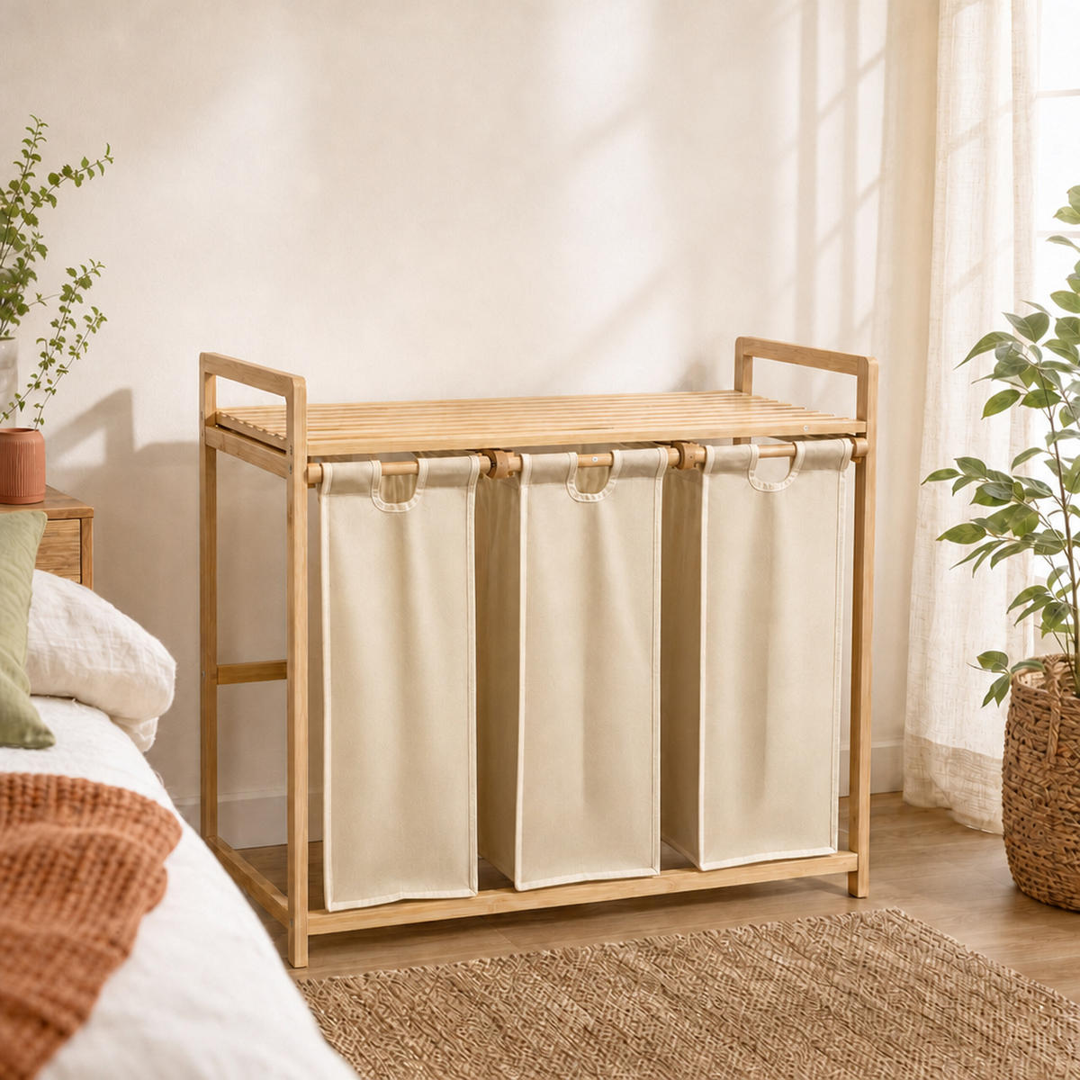 WÄSCHESAMMLER Natur Beige 3er-Set Bambus - Multicolor, Holz/Textil (78/77/41.5cm) - Relaxdays