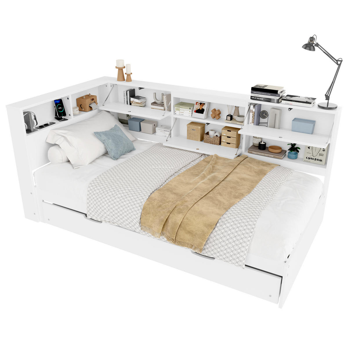 POLSTERBETT 90/200 cm Weiß mit Stauraum und USB- und Type-C-Anschlüssen - Weiß, Holz (90/200cm) - Flora Grace