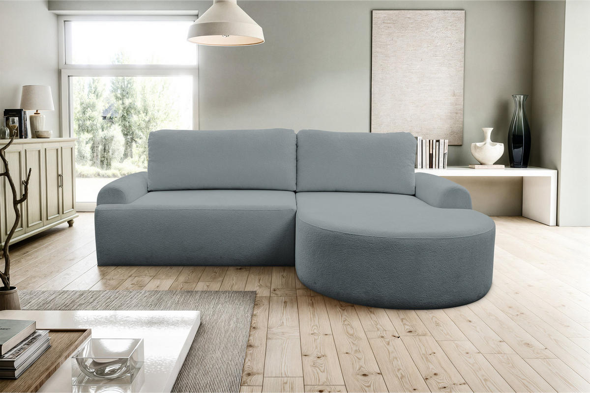 ECKSOFA Dream in L-Form mit Schlaffunktion und Bettkasten, Farbe: Grau, Bouclé-Stoff, Ottomane Rechts - Grau, Textil (260/136cm) - VENASI MÖBEL