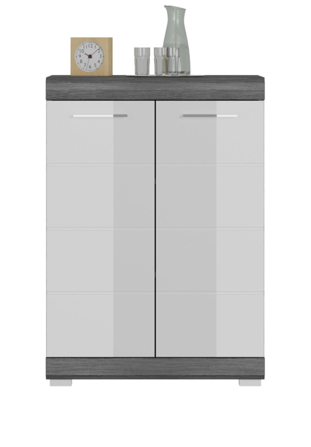 KOMMODE weiß Hochglanz, Rauchsilber grau 60 x 85 cm, 2-türig - Weiß Hochglanz/Silberfarben, Holzwerkstoff/Kunststoff (60/85/37cm) - Inn.Furn