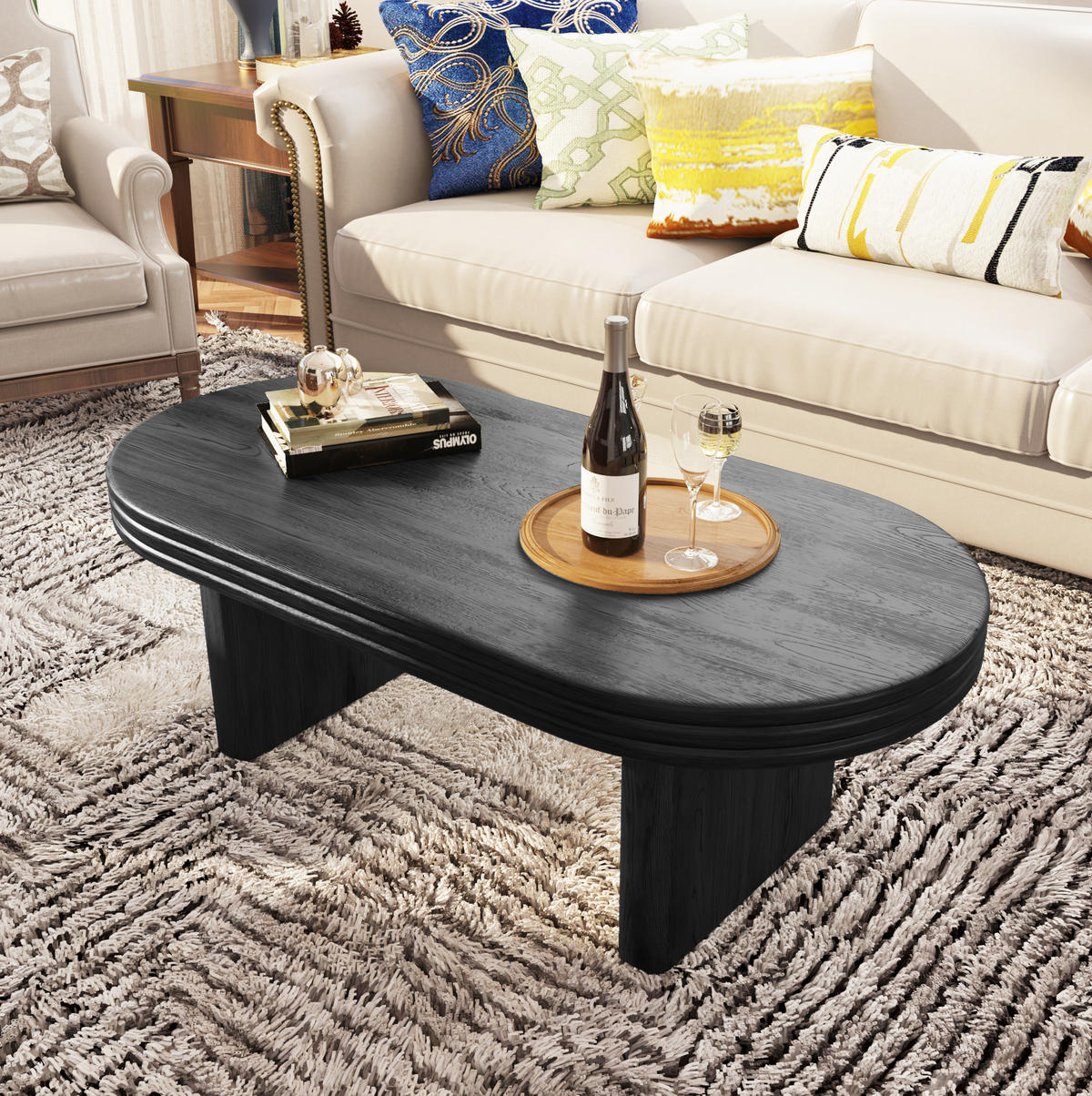 COUCHTISCH aus MDF mit Massivholzfurnier 120x60x41,5 cm Schwarz oval, vielseitig und pflegeleicht - Schwarz, Holzwerkstoff (120/60/41.5cm) - Modfu
