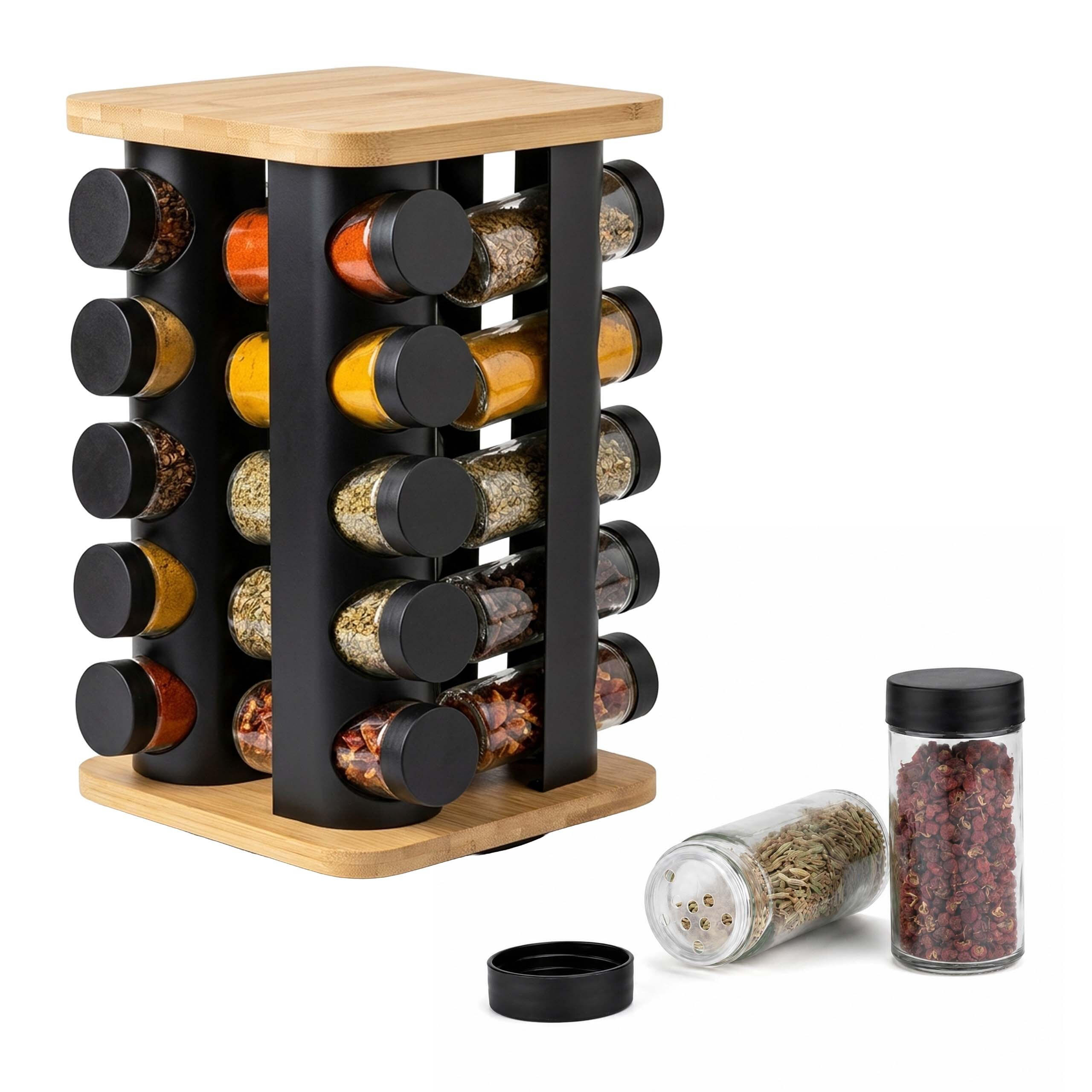 GEWÜRZKARUSSELL Schwarz Transparent 20er-Set drehbar - Multicolor, Glas/Holz (18.5/32/18.5cm) - Relaxdays