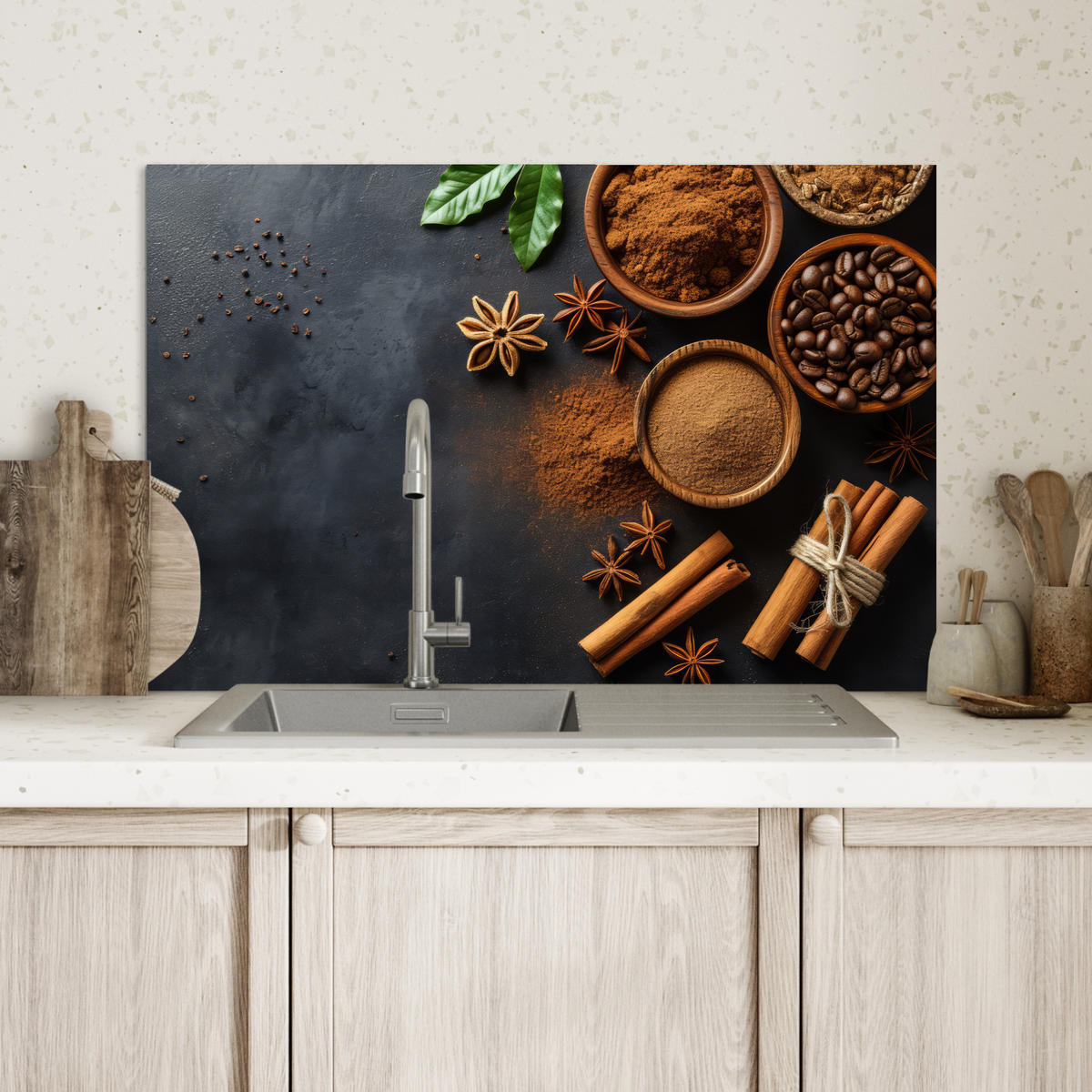 SPRITZSCHUTZ KÜCHE Zimt - Beton - Kaffee - Zimtstangen - Gewürze 60x40 cm - Mokka, Metall (60/0.3/40cm) - MuchoWow