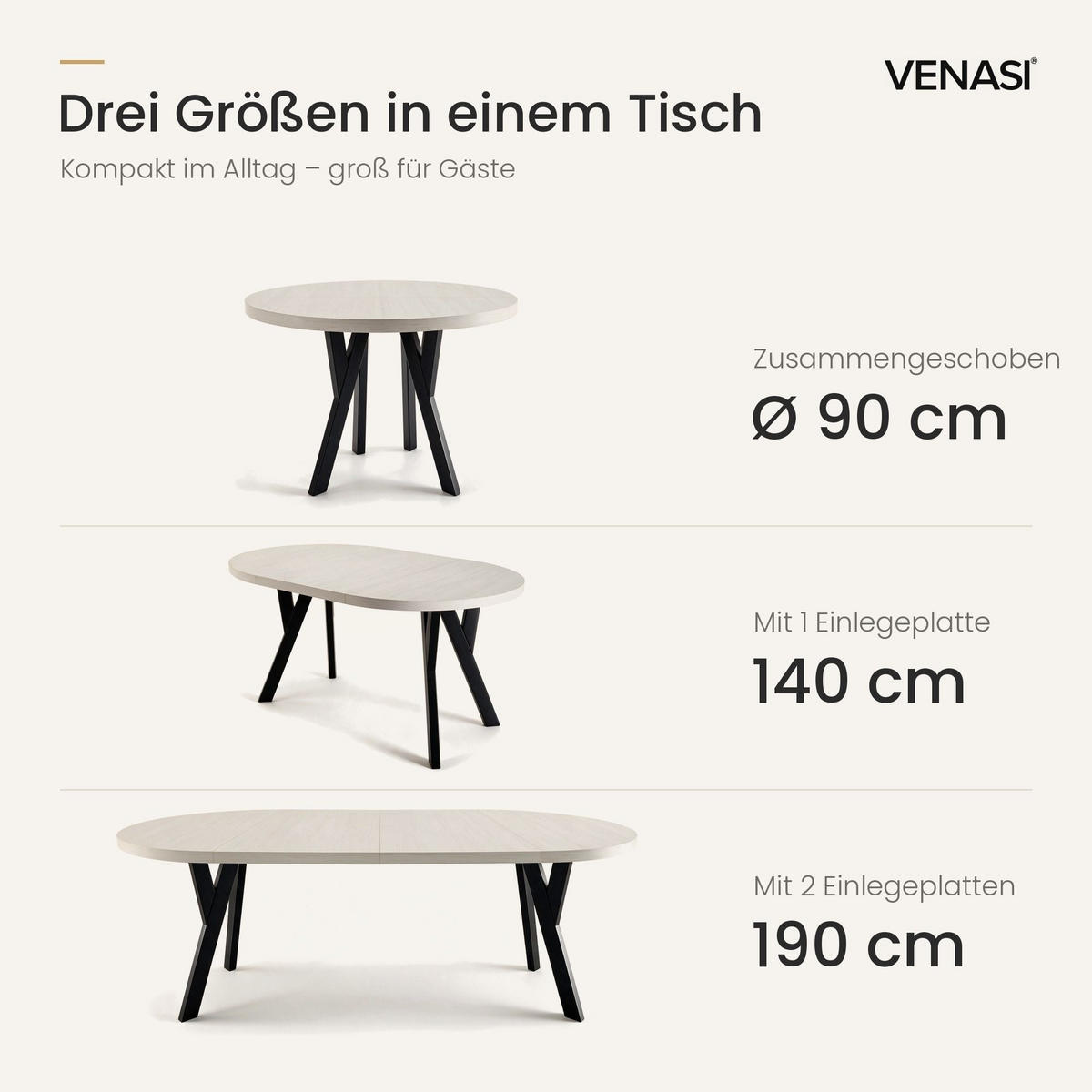 ESSTISCH ausziehbar rund 90-190 cm ATO Sosna, Auszugstisch mit Einlegeplatte - Schwarz/Kieferfarben, Holzwerkstoff (90/90/77cm) - VENASI MÖBEL