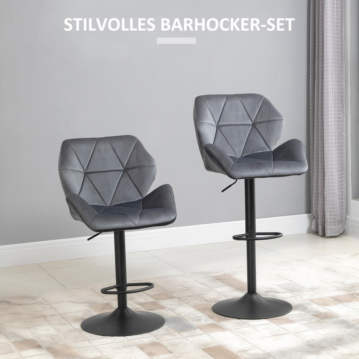 BARHOCKER 2er Set, Gepolstert mit Metallgestell, Samtoptik Grau - Schwarz/Grau, Textil/Metall (57/117/58cm) - HOMCOM