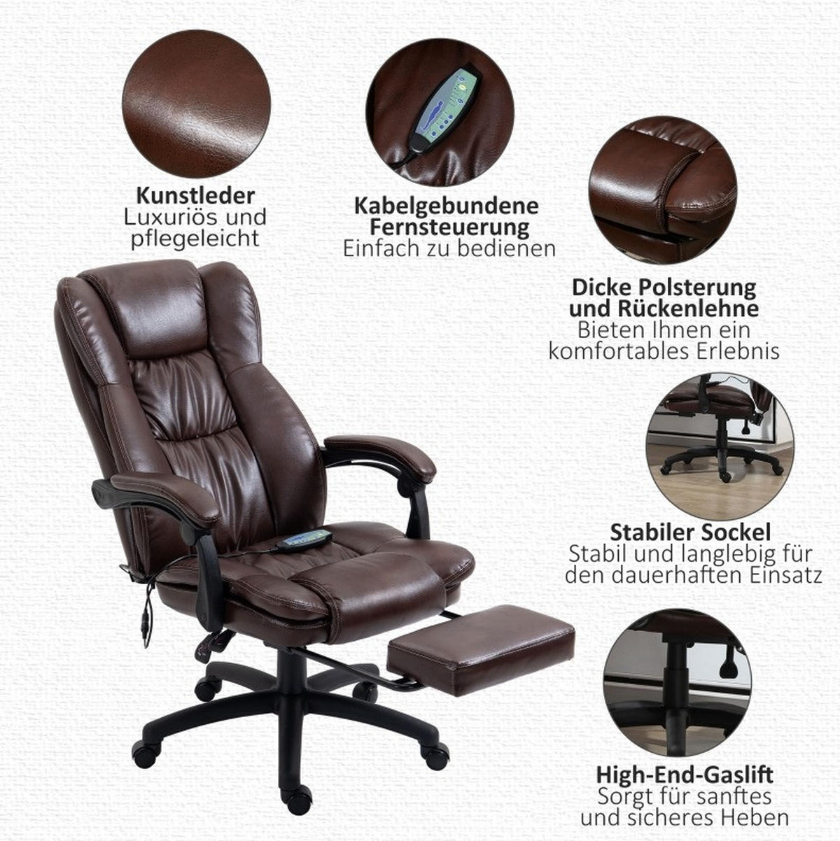 CHEFSESSEL 68,5/113-121/68,5 cm Braun aus Kunstleder mit Massagefunktion - Braun, Kunststoff (68.5/121/68.5cm) - OKMYHOME