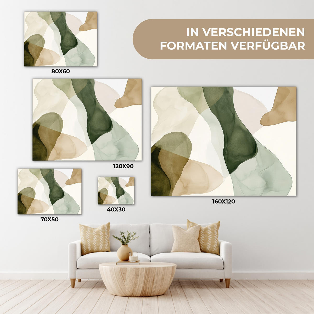 LEINWANDBILD Japandi - Abstrakt - Grün Wandbilder 80x60 cm - Salbeigrün, Textil (80/60cm) - MuchoWow
