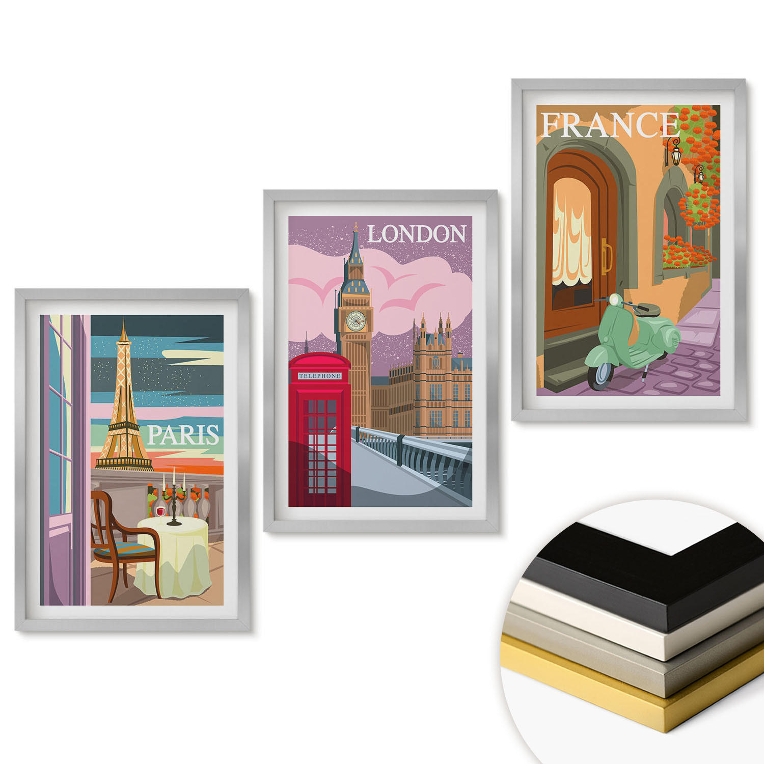 WANDBILDER 3er Set - 40x60 cm Silberner Rahmen - Ansichten Paris London Retro - Silberfarben, Kunststoff (40/60cm) - ArtPrintCave