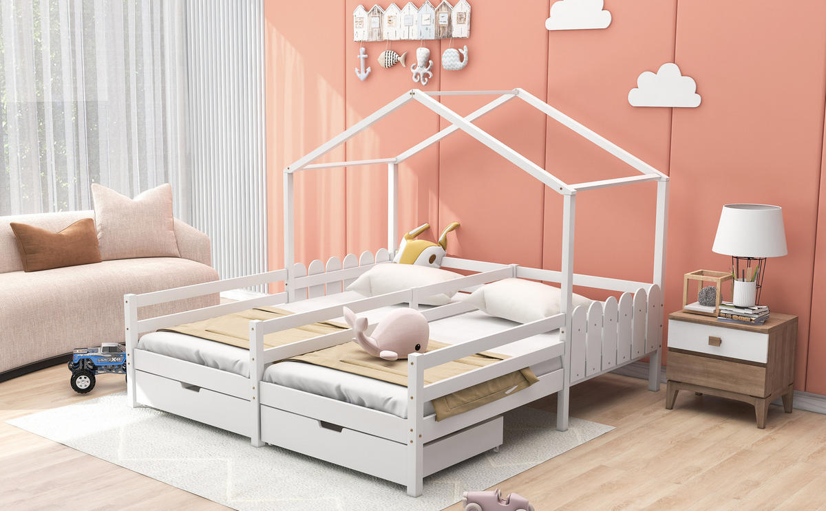 HAUSBETT 90x200 cm Schubladen weiß - Weiß, Holz (90/200cm) - LEBENLANG