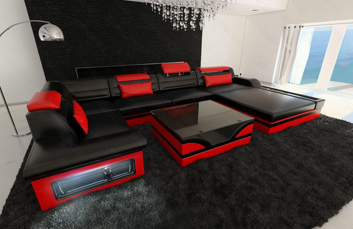 SOFA Mezzo U Schwarz Rot Ledermix - Schwarz, Textil (372/78/214cm)