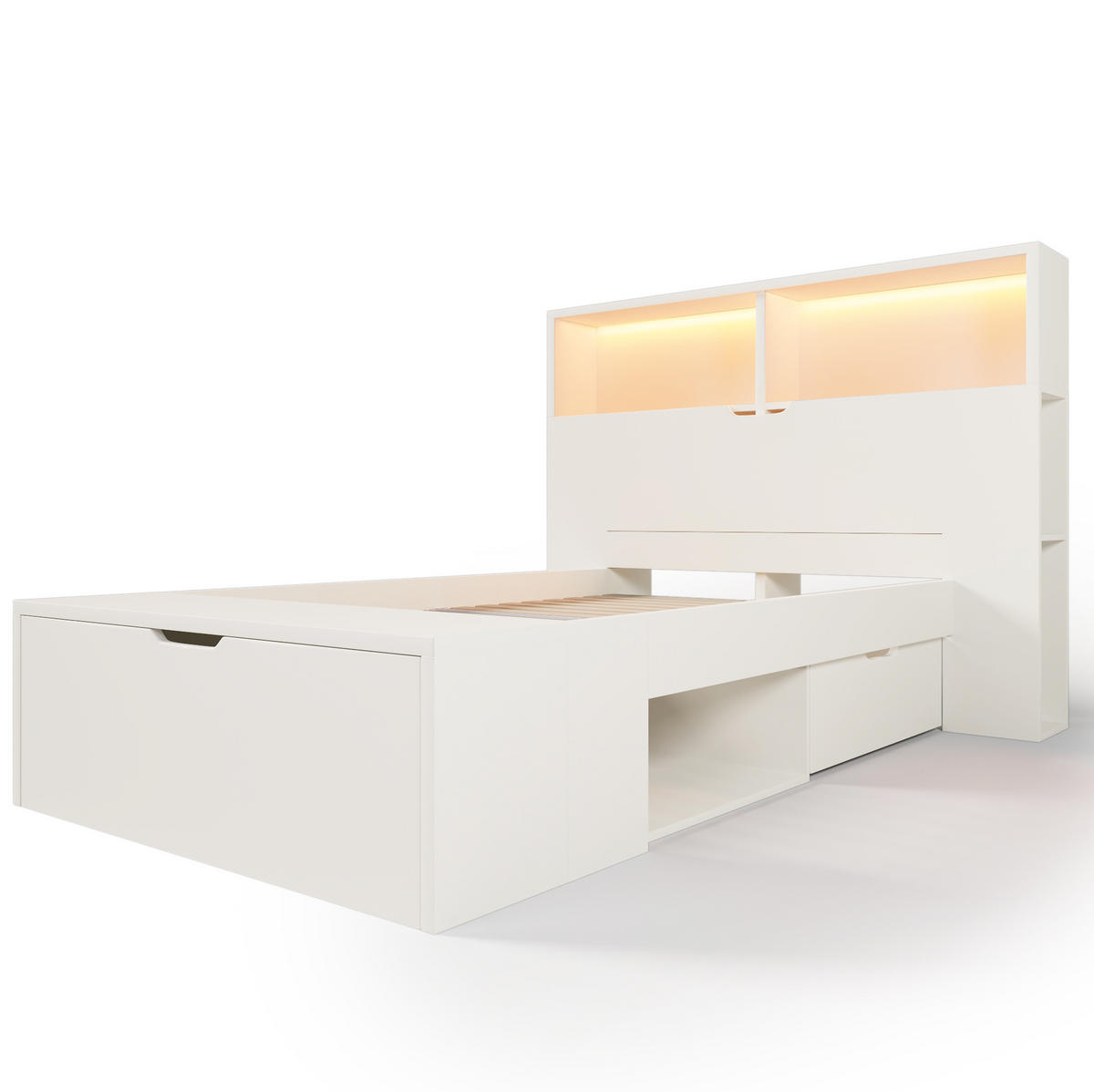 KINDERBETT 90/200 cm in Weiß mit LED, USB-Anschlüssen und Stauraum - Weiß, Holzwerkstoff (90/200cm) - BEAOK