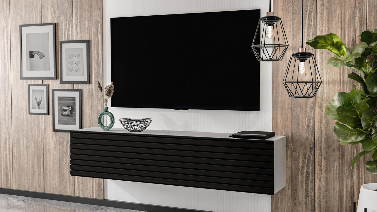 LOWBOARD ZIVOLLI 160 Weiß, Schwarze Lamellen 160/34/40 cm – TV-Hängeschrank mit Lamellenfront - Schwarz/Weiß, Holzwerkstoff/Kunststoff (160/34/40cm) - AX Living