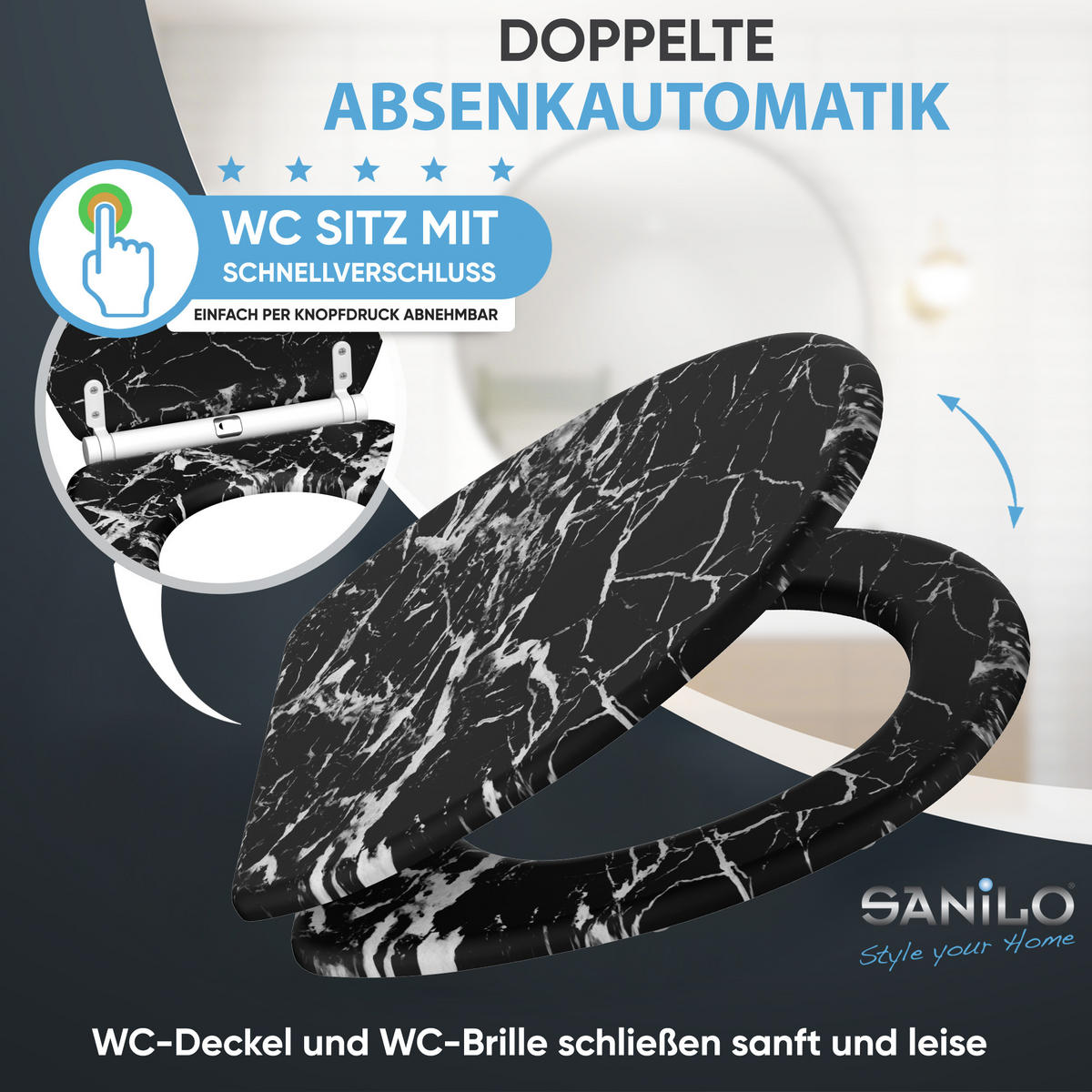 WC-SITZ mit Absenkautomatik & Top Fix Marmor Schwarz - Schwarz, Holzwerkstoff (37.7/5.5/48cm) - Sanilo
