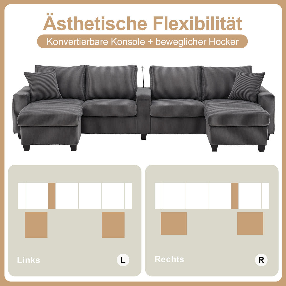 SOFA, U-Form, 2 Hocker, LED-Beleuchtung, Grau, 334x128.5x81cm - Grau, Textil (128.5/81/334cm) - FLIEKS