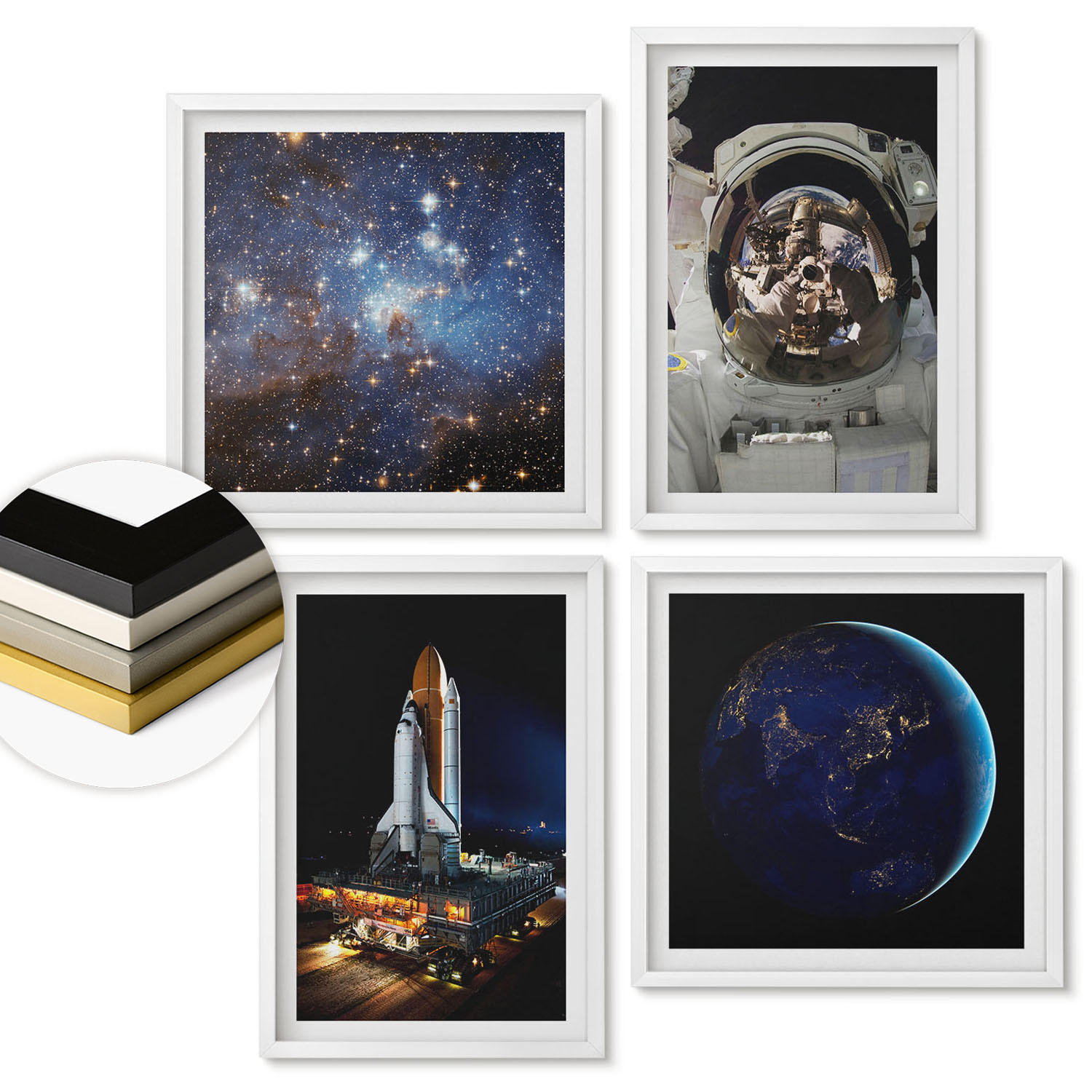 WANDBILDER 4er-Set - 50x50 cm & 40x60 cm Weißer Rahmen - Weltraum Erde Astronaut Rakete - Weiß, Kunststoff (50/50cm) - ArtPrintCave