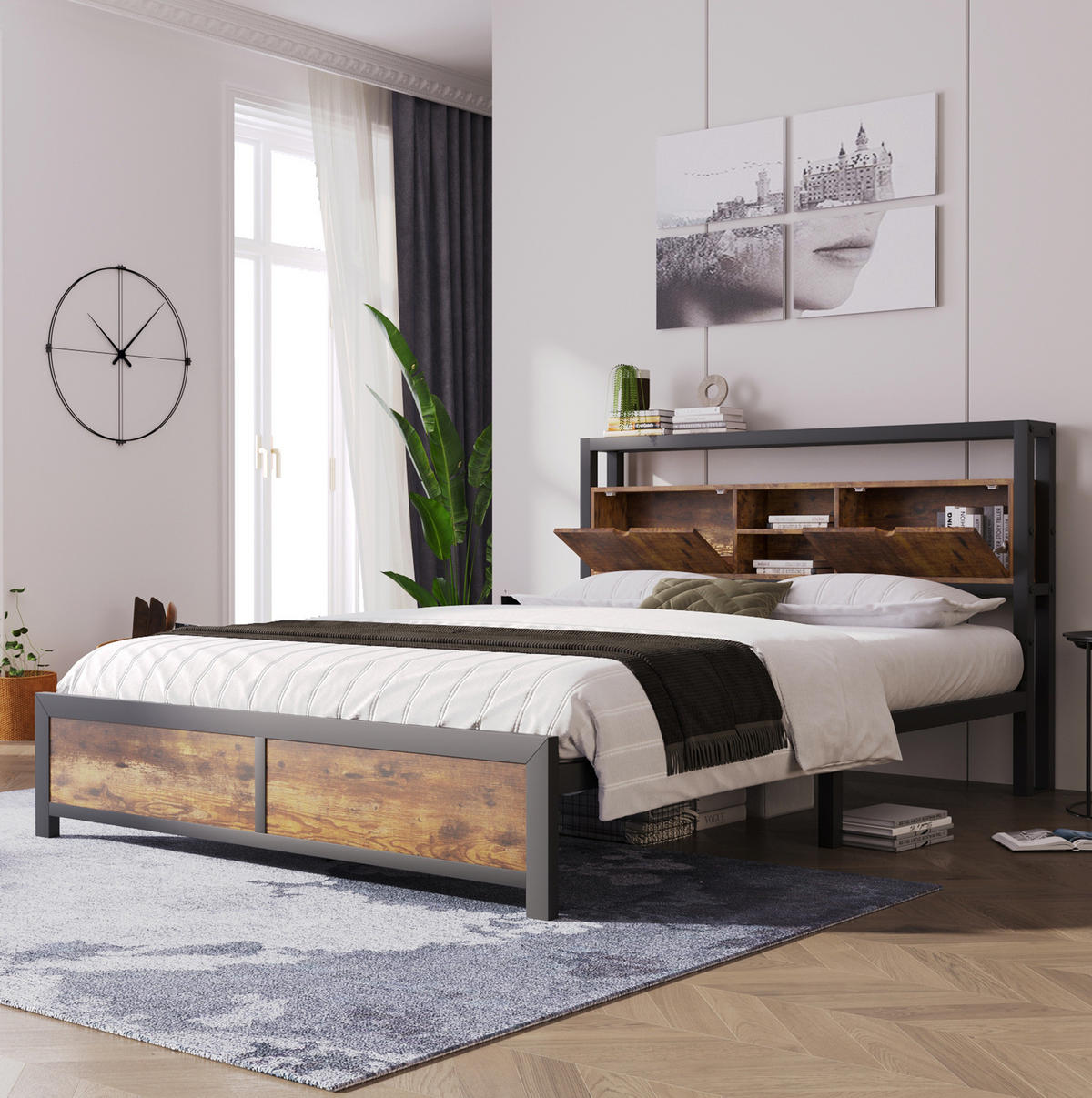METALLBETT aus Metall & Holz 140x200 cm in Natur mit Stauraum-Kopfteil - Naturfarben, Metall (140/200cm) - Modfu