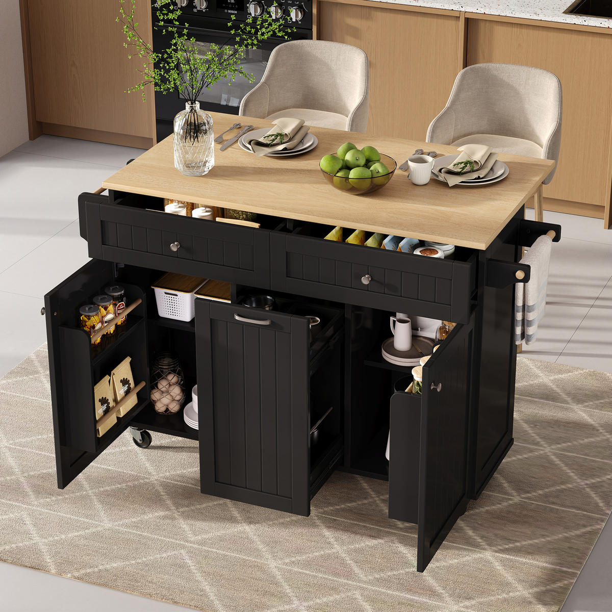 KÜCHENINSEL 140/40-70/92 cm aus MDF mit ausziehbarer Klappplatte, Schubladen und Rollen, Schwarz/Natur - Schwarz, Holzwerkstoff (140/92/70cm) - Redom