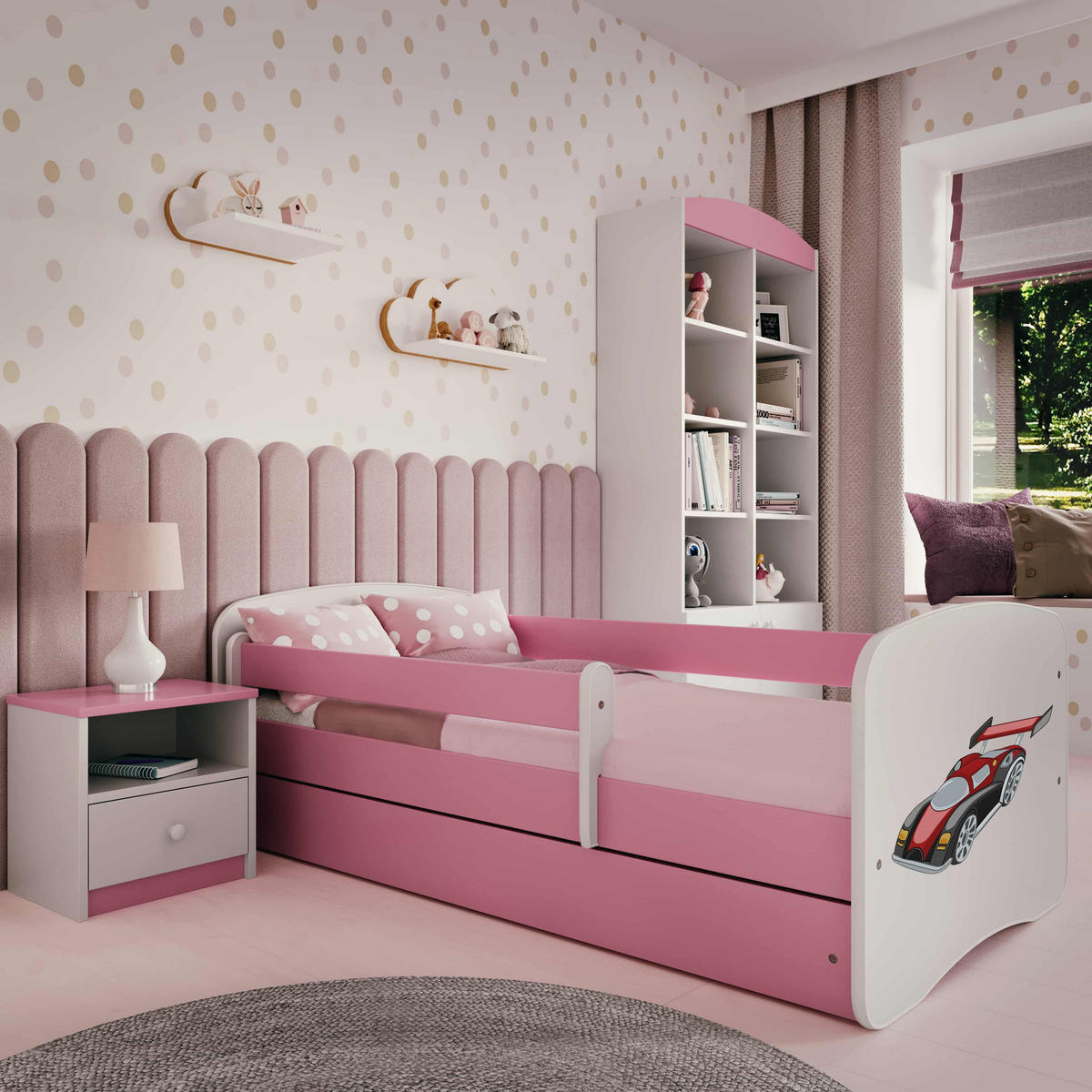 KINDERBETT Rennwagen mit Schublade und Matratze 140/70 - Rosa, Holzwerkstoff (70/140cm) - RAUMHIRSCH FURNITURE