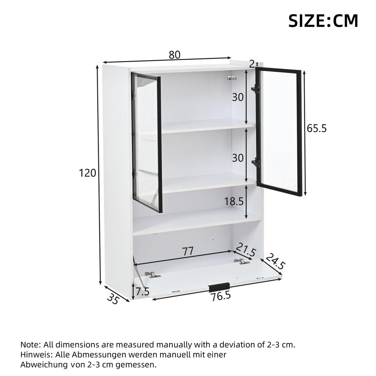 VITRINE LED Matt Glasvitrine Klapptür 120cm Weiß Standvitrine - Weiß, Holzwerkstoff (80/120/35cm) - FLIEKS