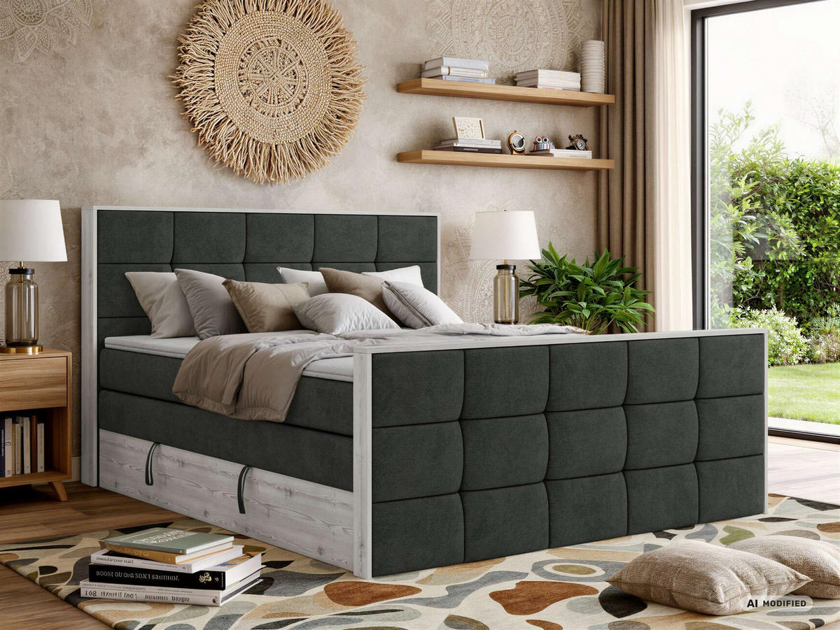 BOXSPRINGBETT ALNOR KING DUO 180/200 - Dunkelgrau Stukture - Topper Visco - H4 - Dunkelgrau/Schwarz, Kunststoff/Textil (180/200cm) - MKS
