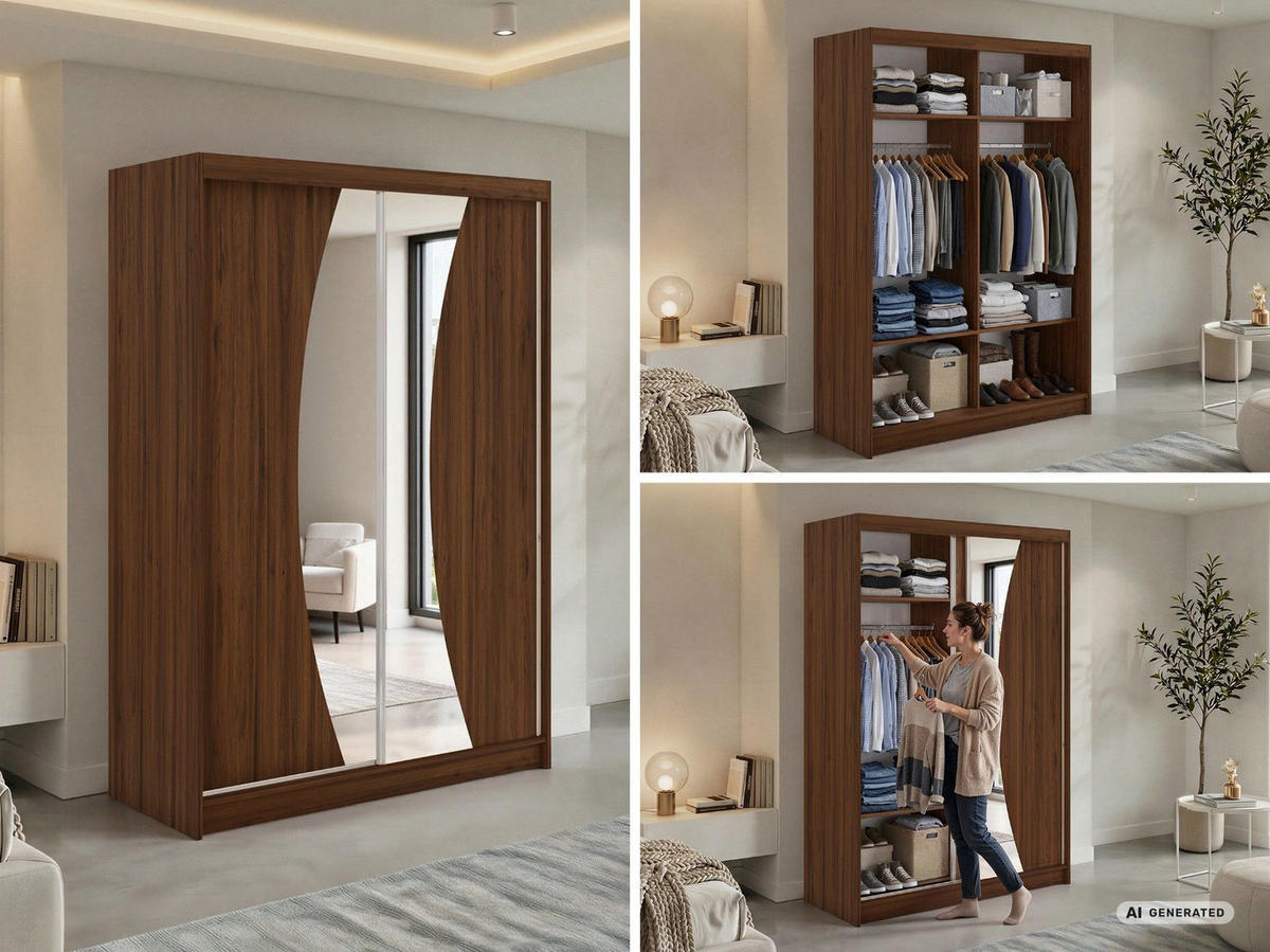SCHWEBETÜRENSCHRANK 150 - VERONA - Warmia Walnuss mit Spiegel - Walnussfarben/Alufarben, Holzwerkstoff/Metall (150/216/61cm) - MKS
