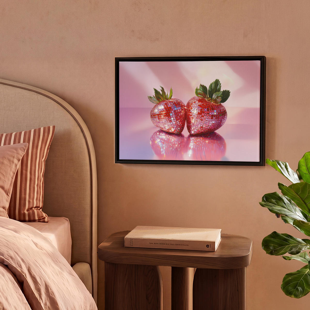 LEINWAND Bilder mit Rahmen - Disco - Obst - Glitzer - Erdbeere - 40x30 - Pink, Textil (40/30cm) - MuchoWow