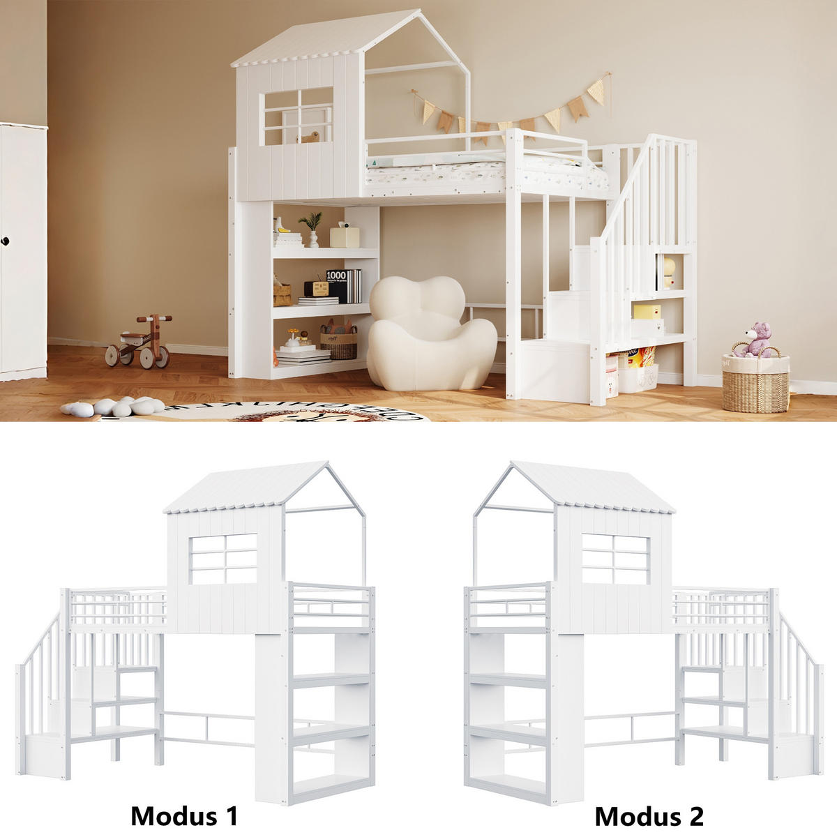 HAUSBETT 90x200 Weiß Metall Stauraum Treppe - Weiß, Metall (90/200cm) - FLIEKS