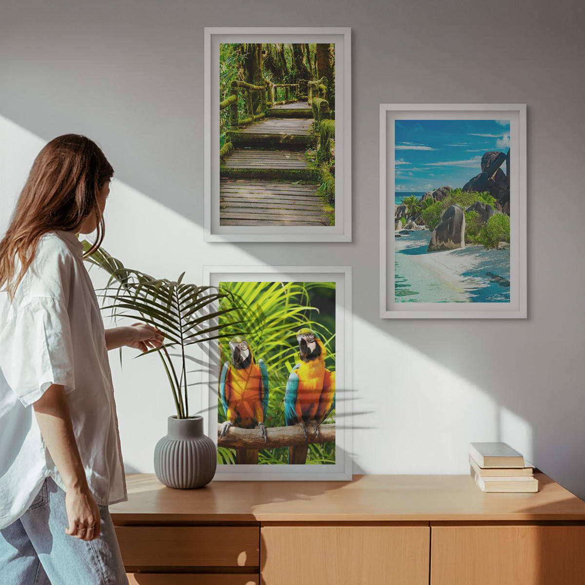 WANDBILDER 3er-Set - 40x60 cm Weißer Rahmen - Tropischer Wald Papageienwasserfall - Weiß, Kunststoff (40/60cm) - ArtPrintCave