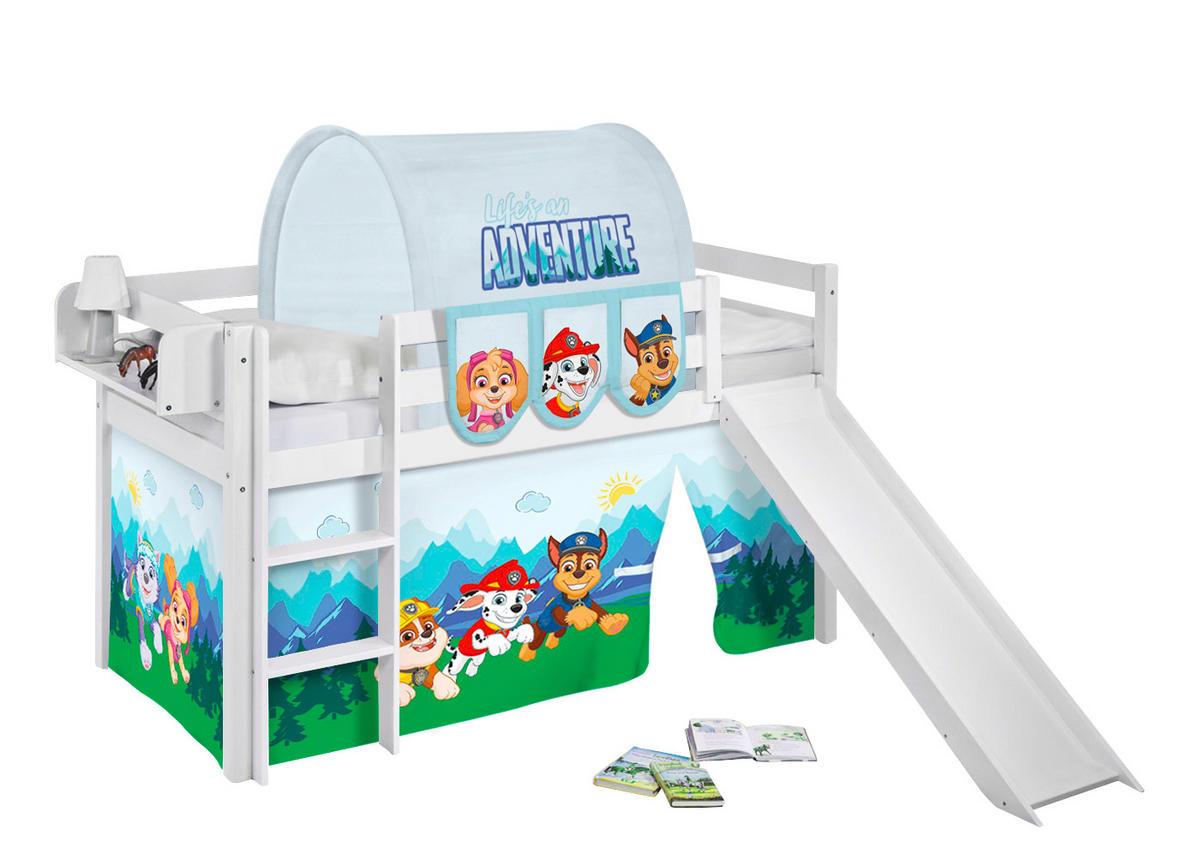 HOCHBETT JELLE Paw Patrol blau mit Rutsche und Vorhang - Weiß, Holz - Lilokids