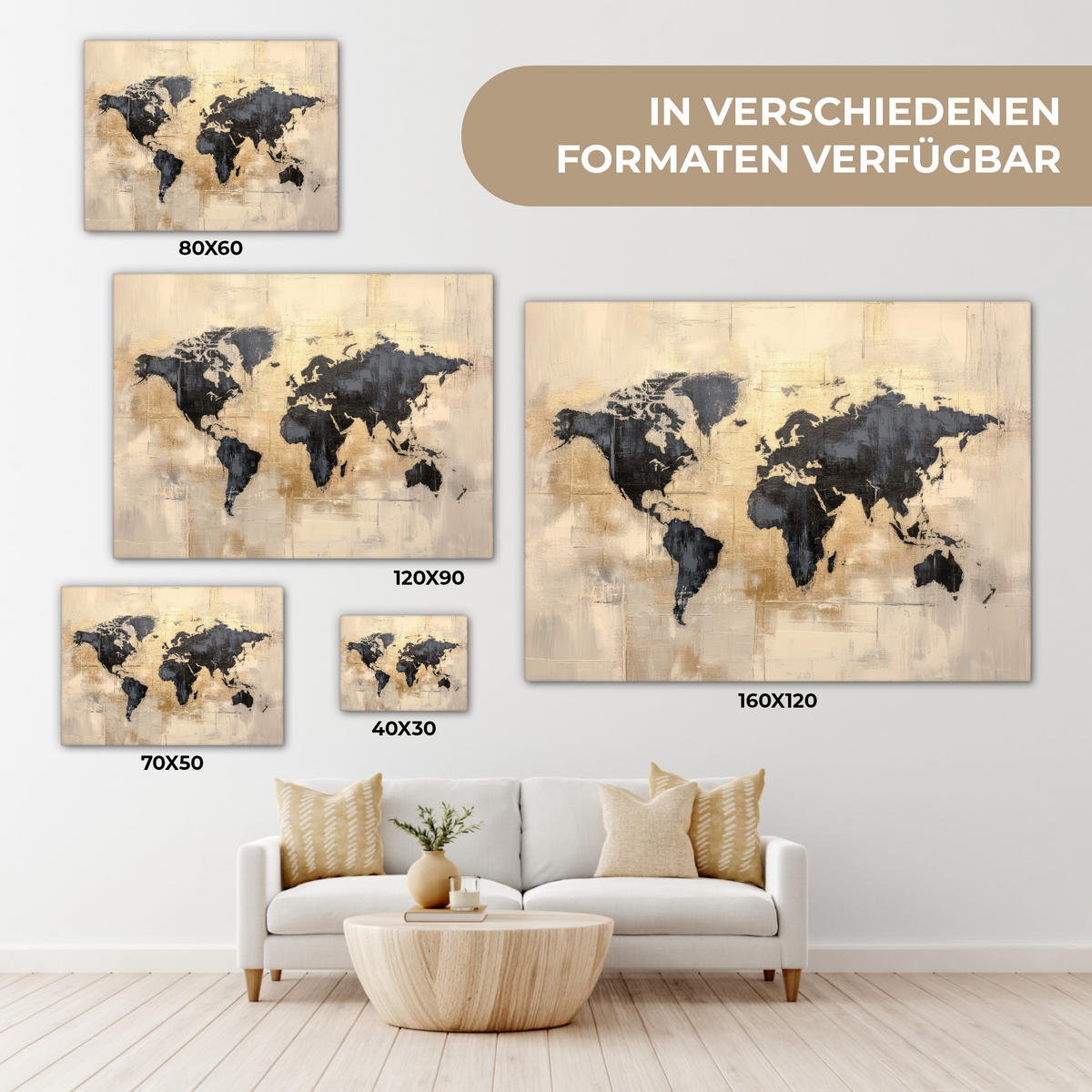 LEINWANDBILD Weltkarte - Gold - Schwarz - Abstrakt Wandbilder 80x60 cm - Kupferfarben, Textil (80/60cm) - MuchoWow