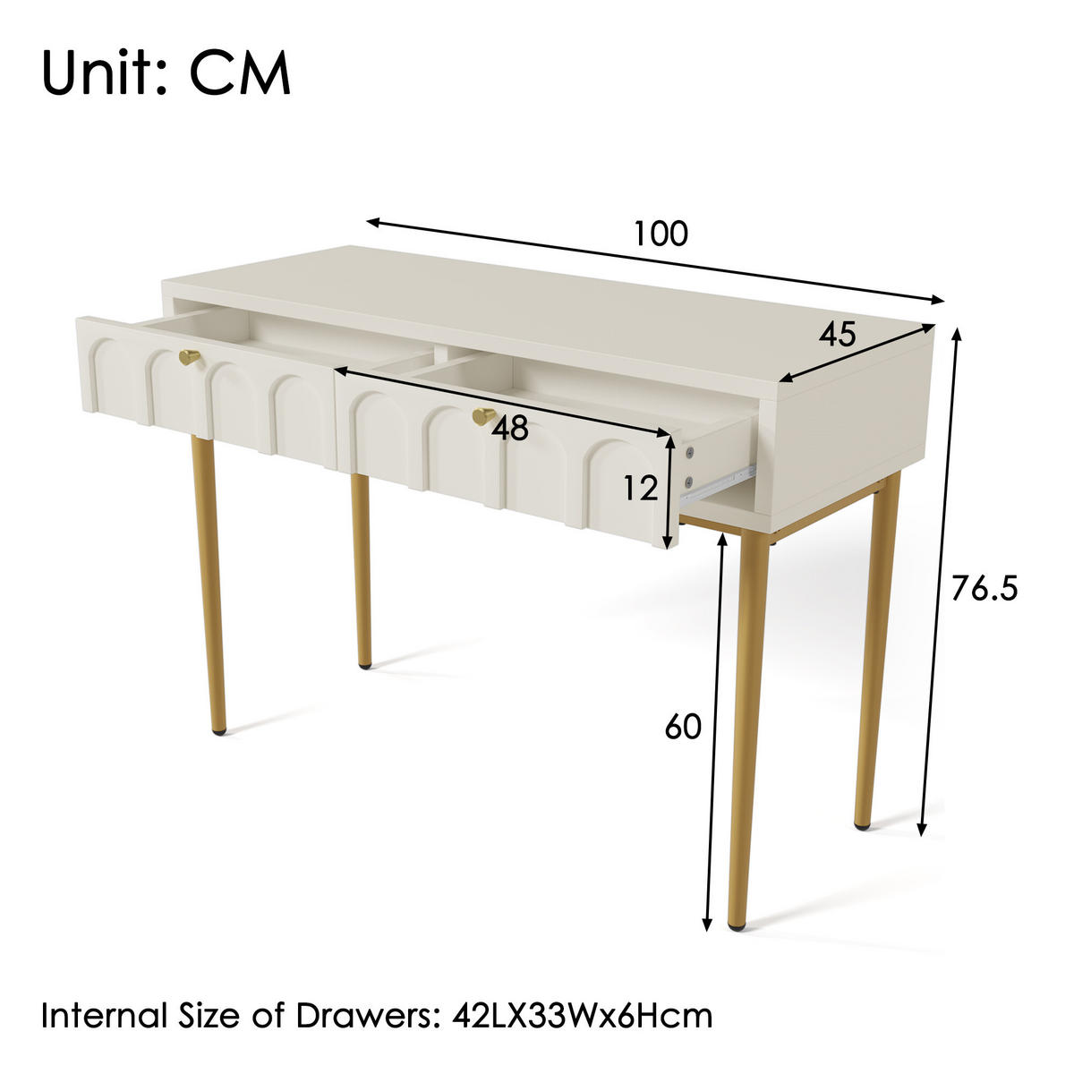 SCHMINKTISCH Cremeweiß und Golden 100/76,5/45 cm - Beige, Holzwerkstoff/Metall (100/76.5/45cm) - Urban Meuble