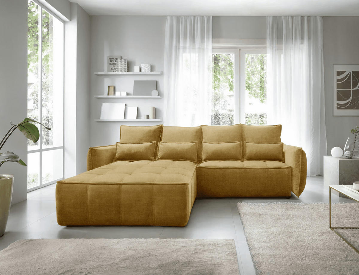 ECKSOFA mit Schlaffunktion und Bettkasten - Gelb, Textil (265/196cm) - Eltap