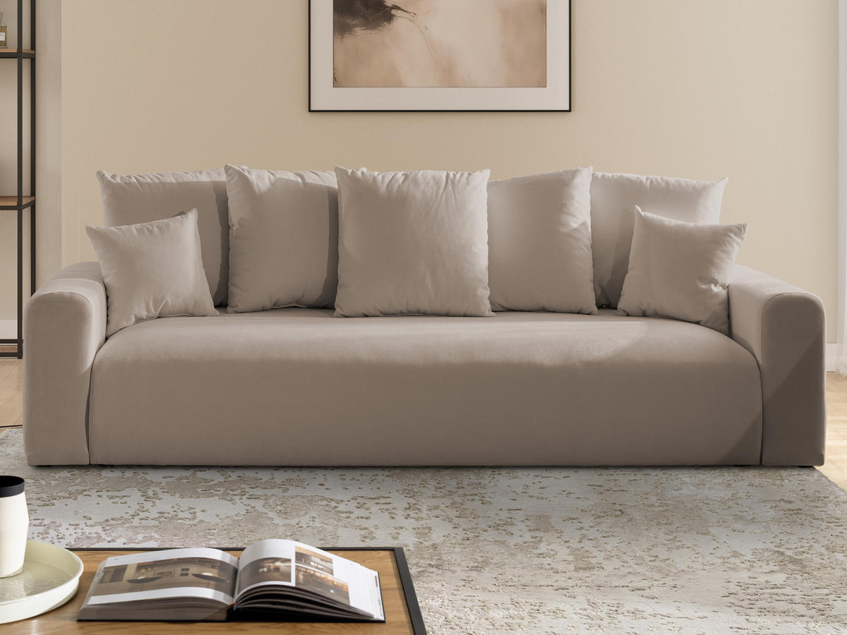 SCHLAFSOFA Calma mit Bettkasten im Bumpy-Design aus weichem Greige Webstoff - Greige/Schwarz, Holz/Kunststoff (239/88/98cm) - S-Style
