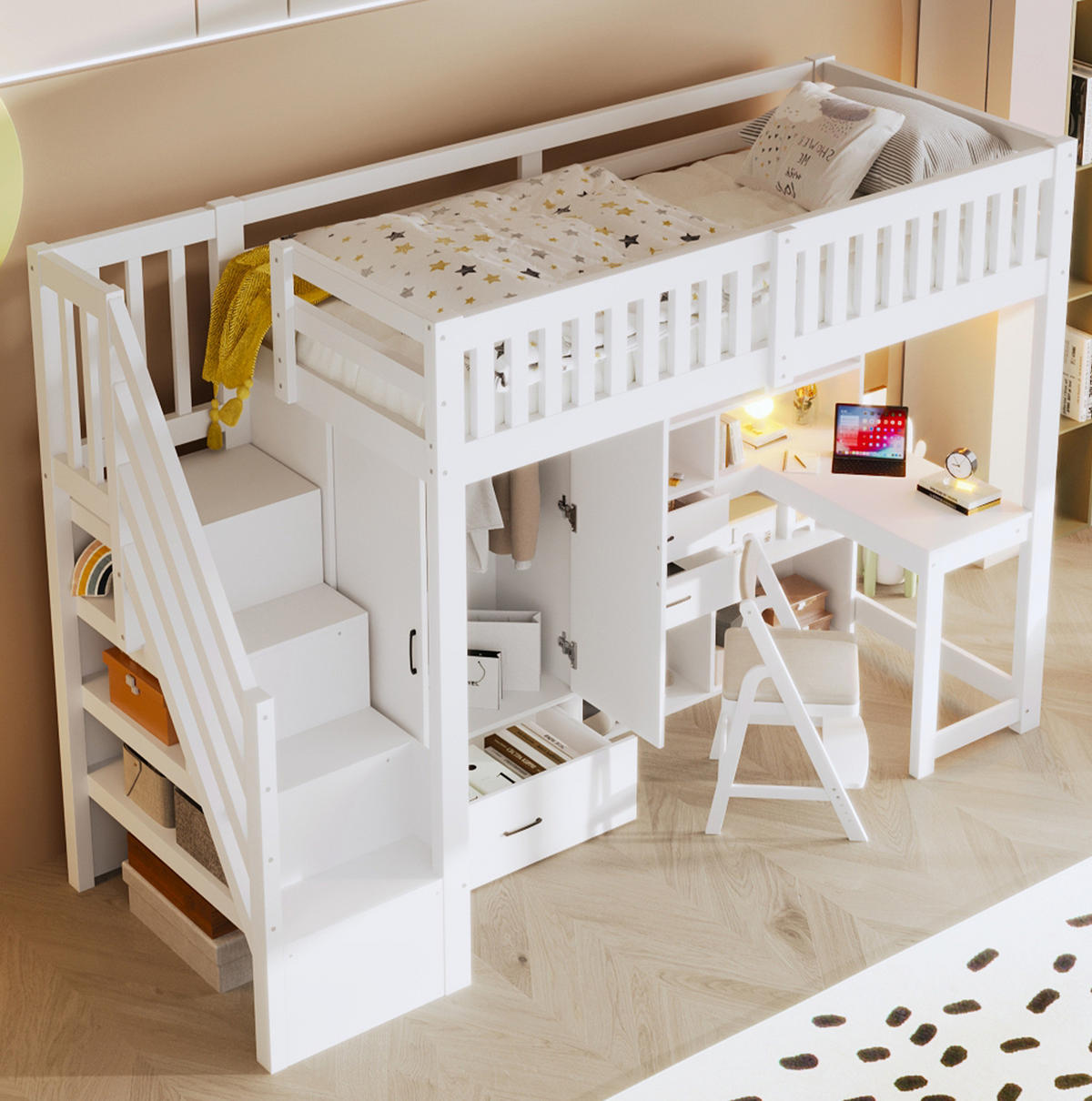 HOCHBETT 90/200 cm mit Schreibtisch, Ablageleiter, Kleiderschrank und Schubladen aus Kiefernholz, Weiß - Weiß, Holz (90/200cm) - Redom