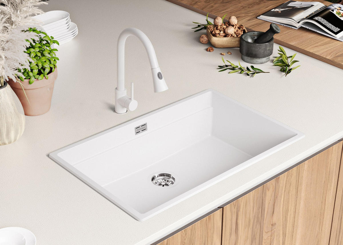 SPÜLBECKEN Praga Slim, 2-er set Weiß 76/47 cm 1 Becken + Ablauf-Set + Aufrollbare Abtropffläche ab 80er Unterschrank - Chromfarben/Weiß, Kunststoff (76/20/47cm) - Primagran