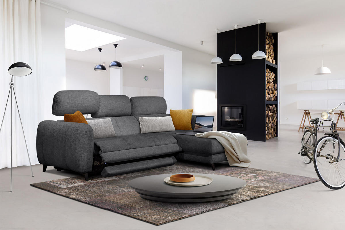 ECKSOFA SVEN 3-Sitzer, 1 Relax XL, verstellbare Kopfstützen, dunkelgrau - Anthrazit/Schwarz, Holzwerkstoff/Textil (256/163cm) - Courtois Laville