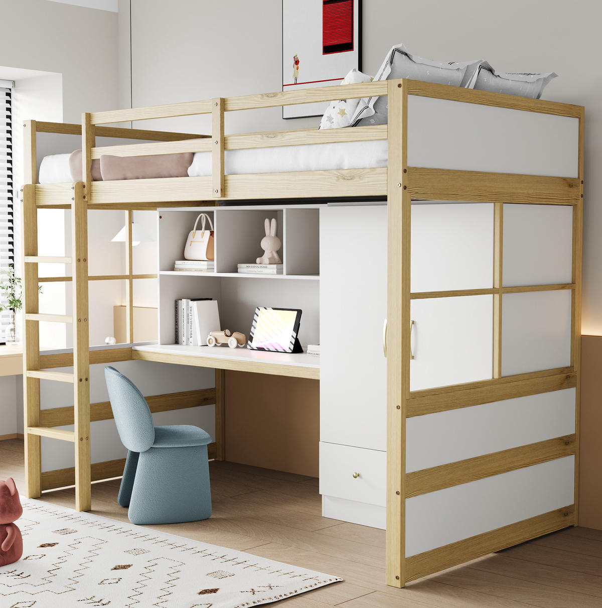 HOCHBETT 90/200 cm mit Leiter und Schreibtisch aus Holz in Natur - Naturfarben, Holz (90/200cm) - OKWISH