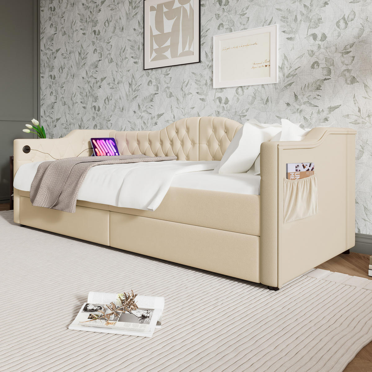 TAGESBETT 90/200 cm DE-00606, in Beige, USB-Anschluss und 2 Schubladen - Beige, Metall (90/200cm) - ComfortXL