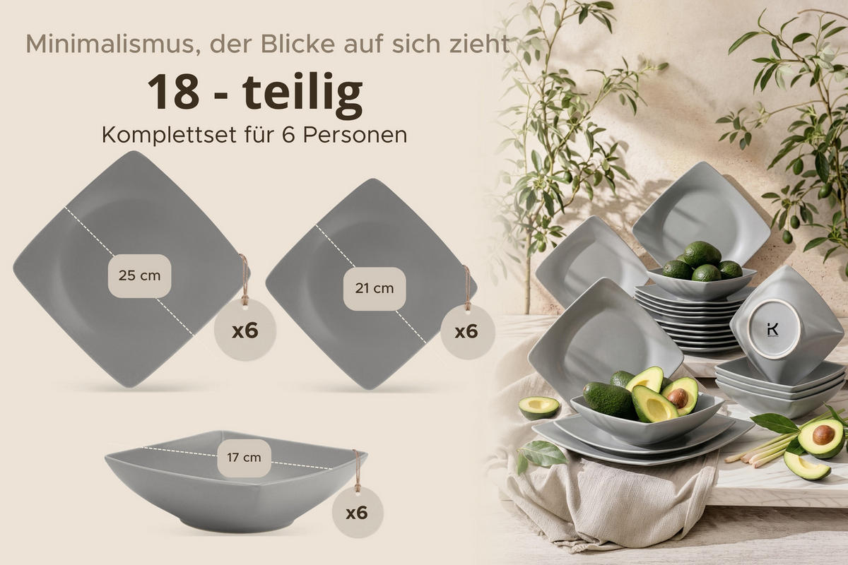 TAFELSERVICE EPIRI 6 Personen 18-tlg - Grau, Keramik (25/2/25cm) - KONSIMO®