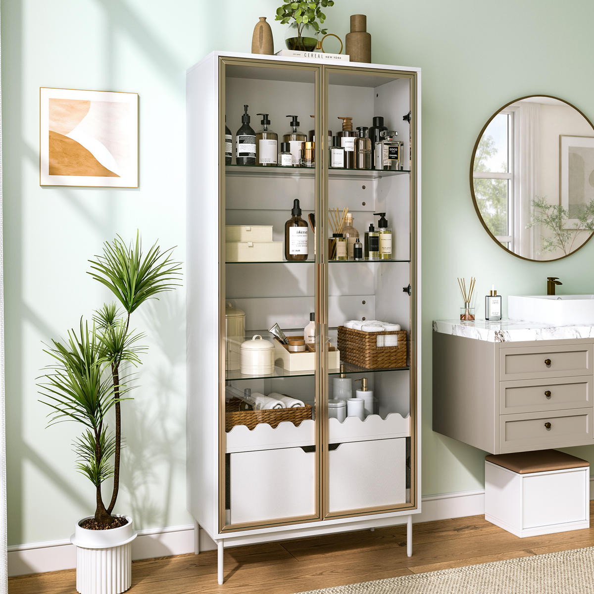 VITRINE in Weiß mit Glastür und Schublade für Wohnzimmer, B75/T35/H170,8 cm - Transparent/Weiß, Glas/Holzwerkstoff (75/170.8/35cm) - STILVORA