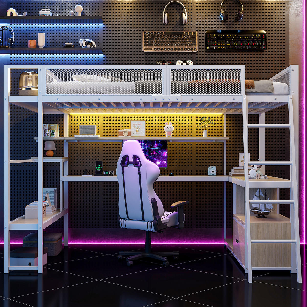 HOCHBETT 140/200 cm in Weiß mit Schreibtisch, LED und Stauraum aus Metall - Weiß, Metall (140/200cm) - CHICFURN