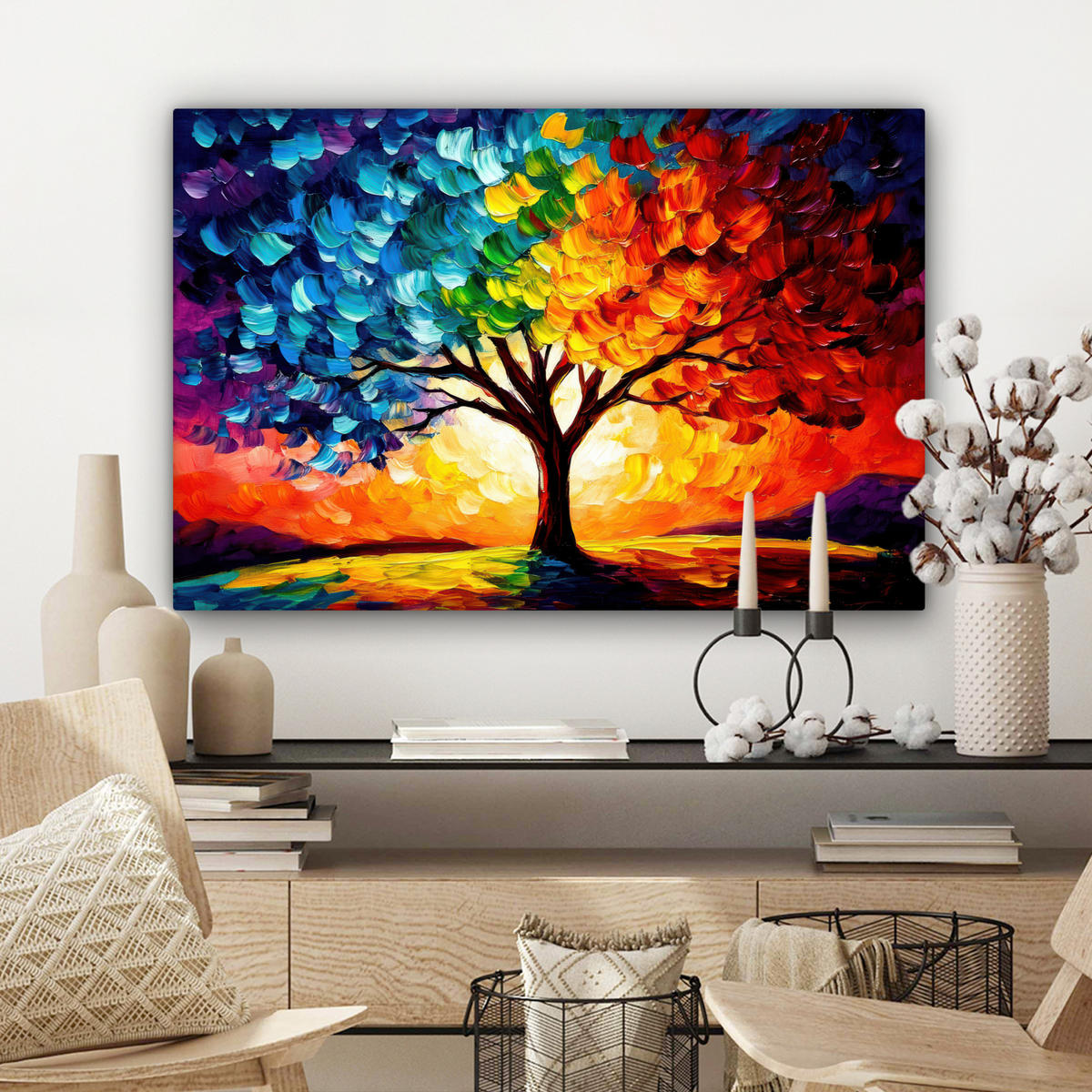LEINWANDBILD - Baum - Kunst - Natur - Sonnenuntergang - 90x60 - Deko Wohnzimmer - Multicolor, Textil (90/60cm) - MuchoWow