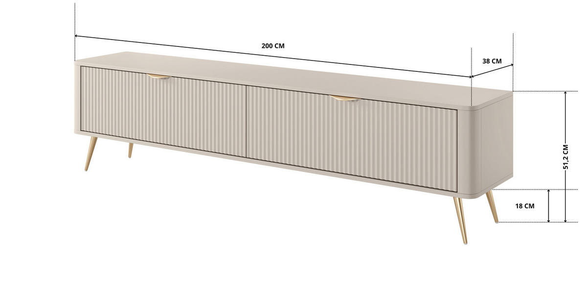 TV-LOWBOARD 200 cm Beige / Gold - mit geriffelten Fronten und 2 Klappen - Beige/Gelb, Holz/Holzwerkstoff (200/51/38cm) - Ravio