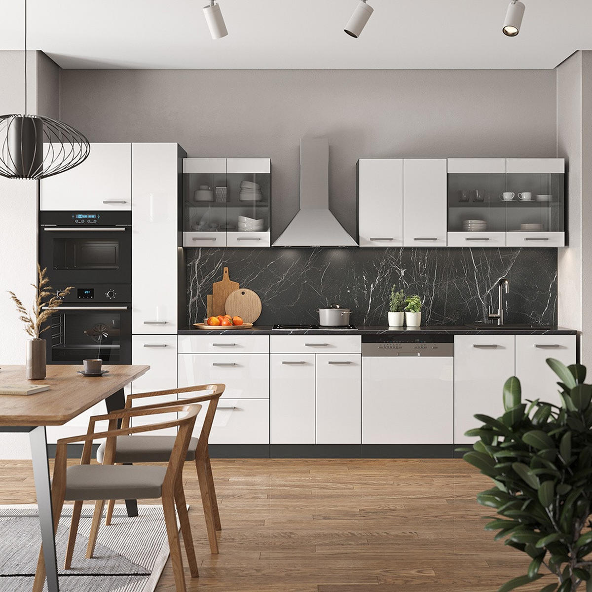 KUCHYŇA R-Line Biely vysoký lesk/antracit 350 cm s vysokou skriňou, dub AP - biela s vysokým leskom/antracitová, kompozitné drevo (350/206.8/60cm) - Vicco