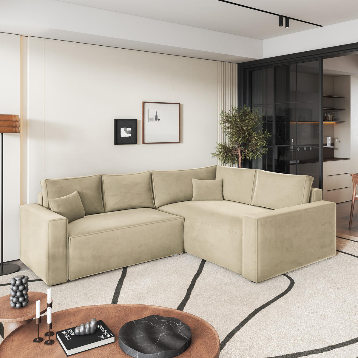 ROHOVÁ SEDAČKA ERONIS krémová - šedá/krémová, dřevo/textil (265/194cm) - MASSENO