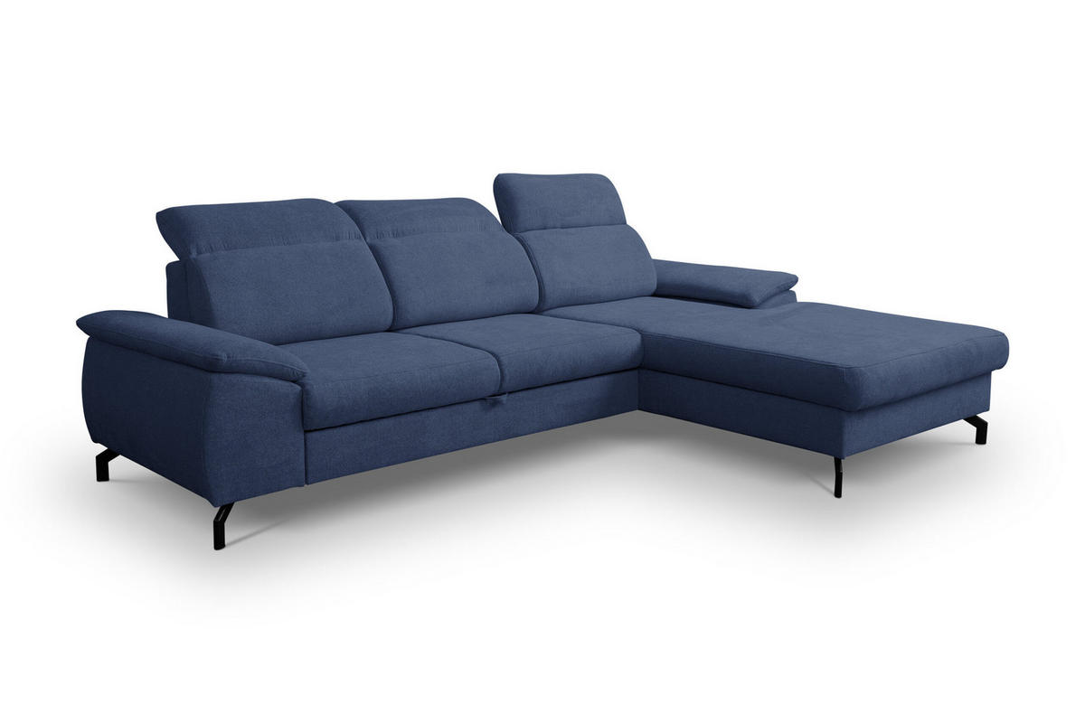 ECKSOFA MALIBU mit Schlaffunktion und Bettkasten, Farbe: Blau , Velourstoff, Ottomane Rechts - Blau, Textil (276/184cm) - VENASI MÖBEL